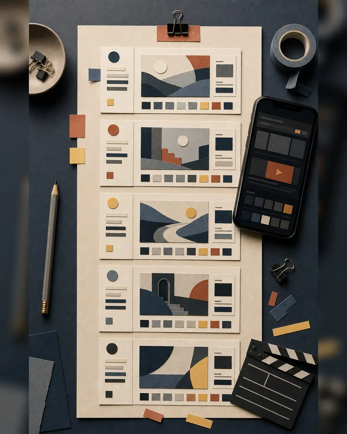 A production table with grouped shot cards, a phone, and repeated series blocks arranged for a TikTok batch