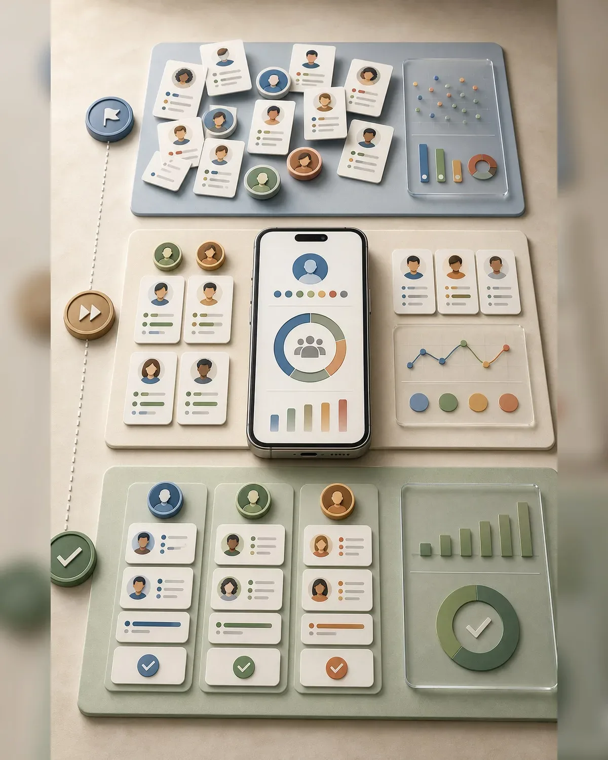 A 90-day community audit board with three monthly checkpoints, profile cards, and color-coded fit groups
