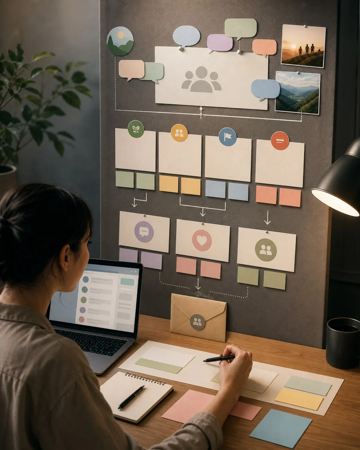 Moderator workflow with welcome notes, rule cards, and a clear reporting handoff mapped on a desk