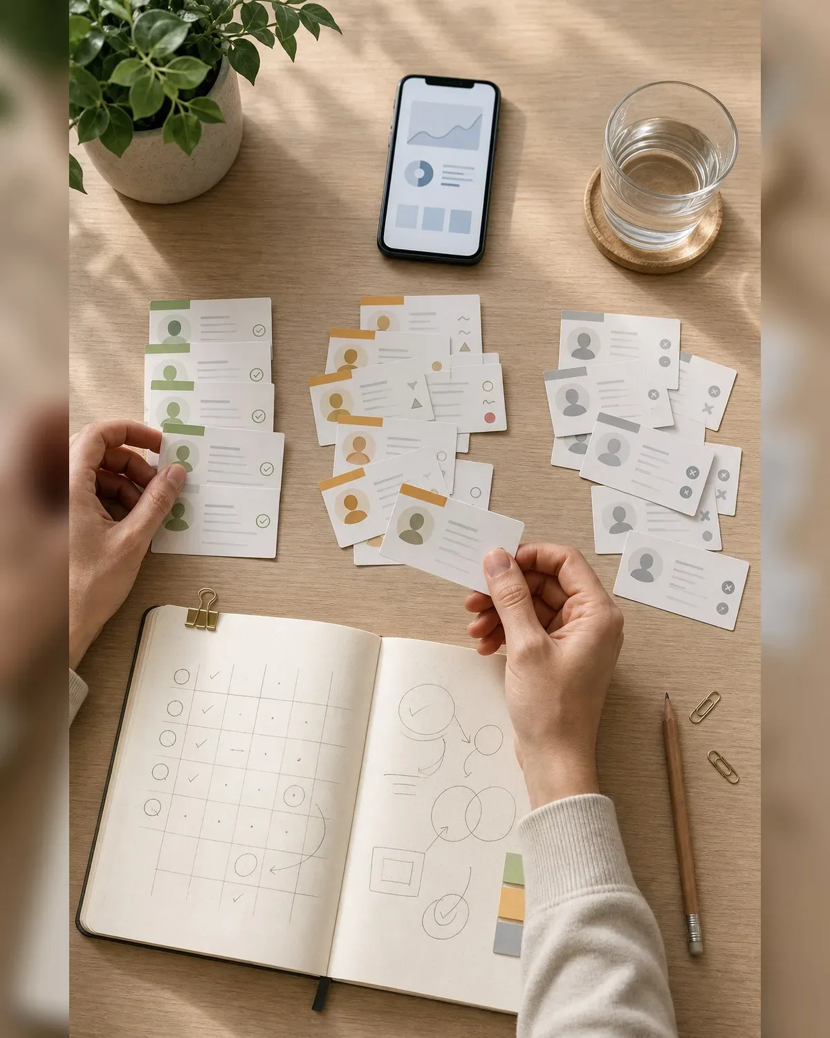 A lifestyle creator sorting a follower spike into fit, adjacent, and noise groups on a quiet desk