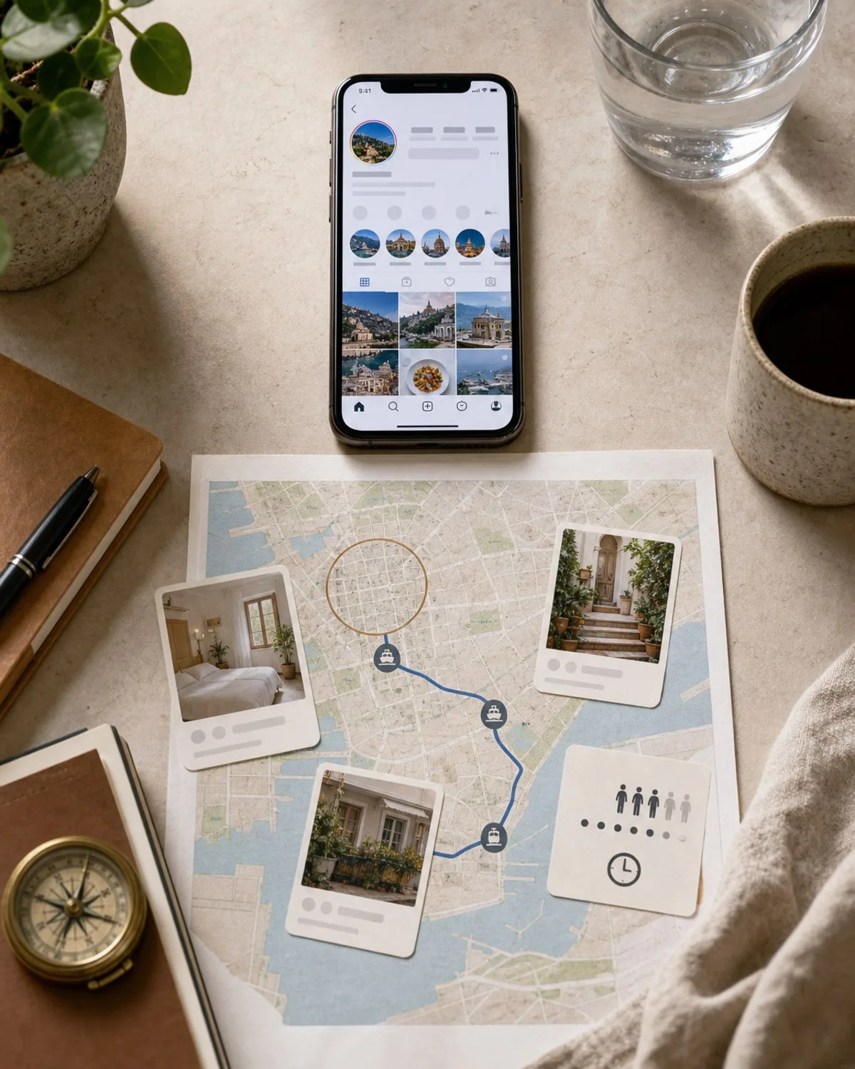 Phone screen and paper route notes showing how public travel clues become a rough itinerary