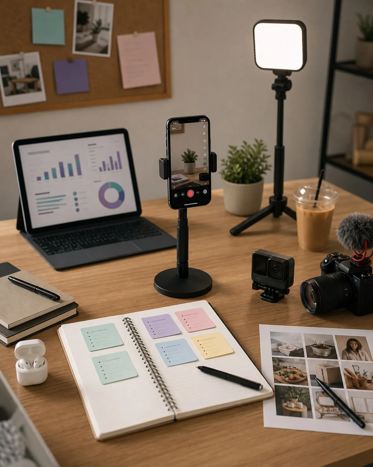 A creator organizing a paid TikTok workflow with a phone mount, notebook, and laptop