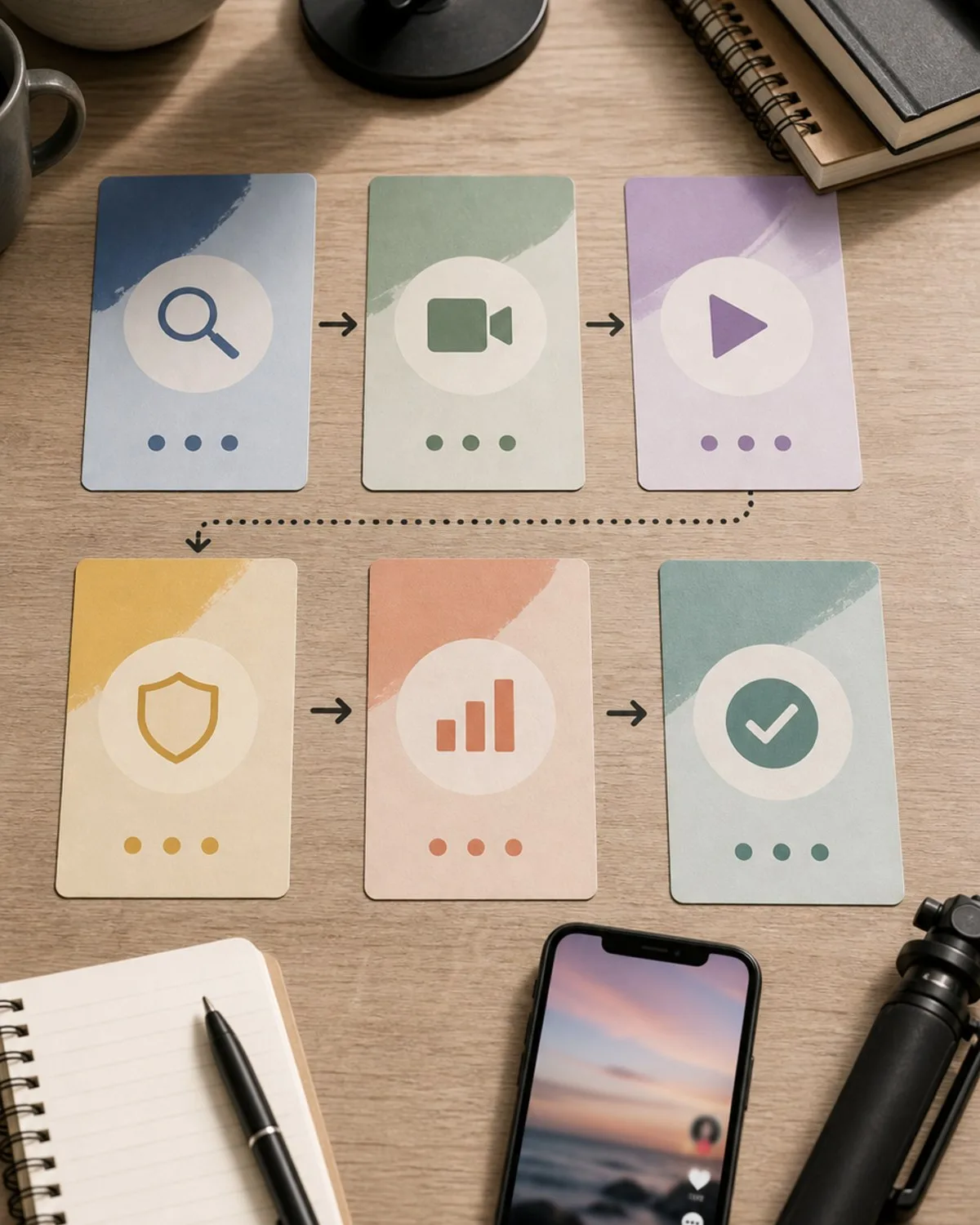 A creator planning a content lane, filming setup, and payment path on a tidy desk
