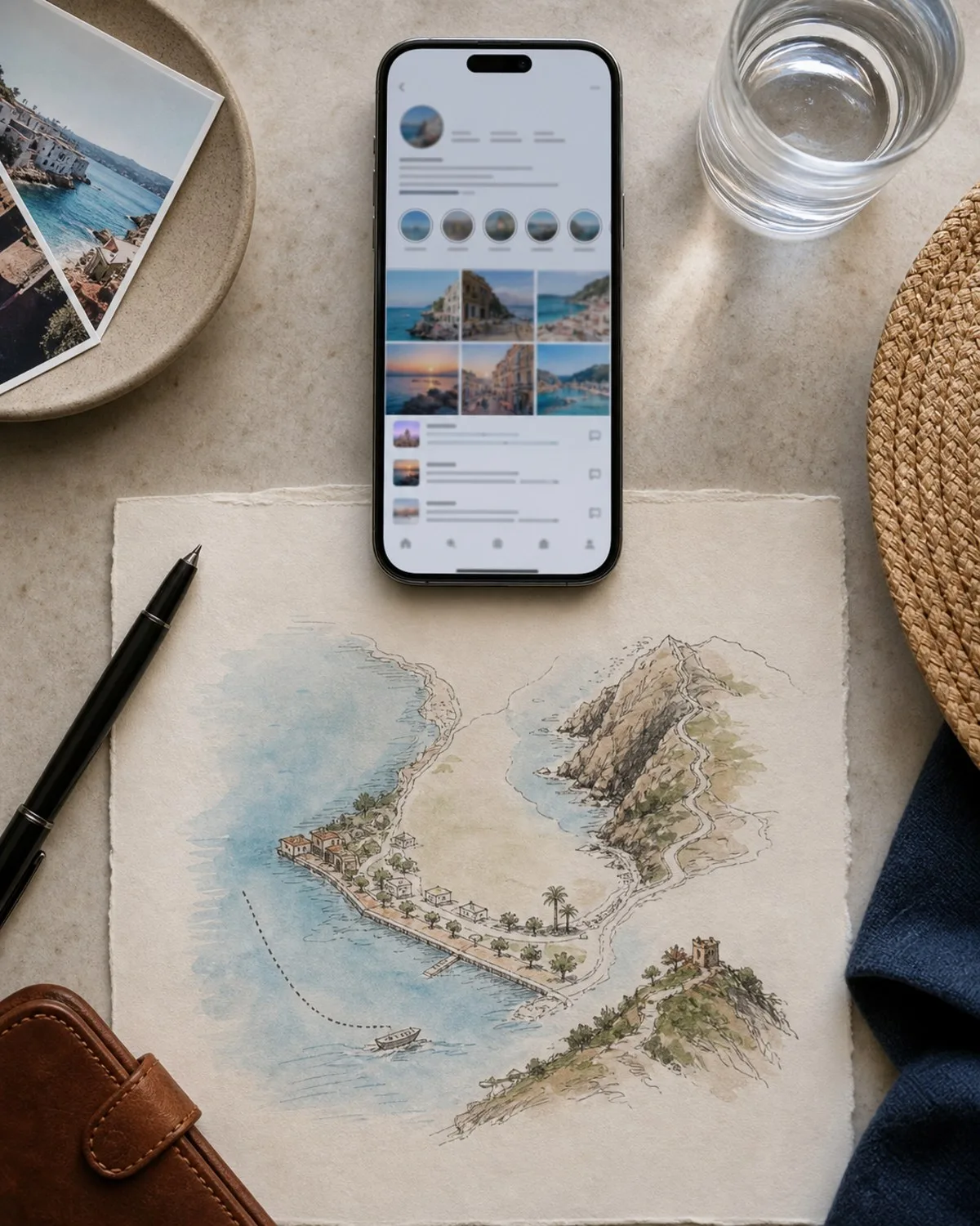Phone screen and paper route notes showing how a creator-led travel profile becomes a usable trip read