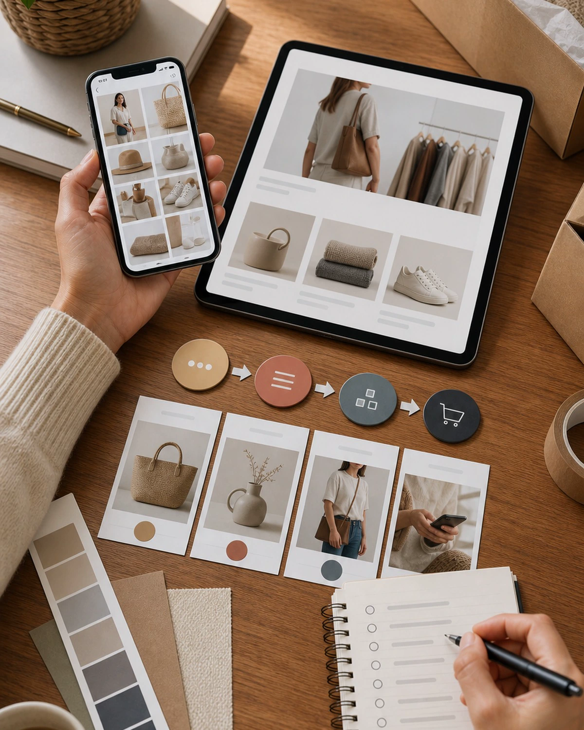 A practical mobile commerce audit with route markers, product proof cards, and a merchant landing page handoff