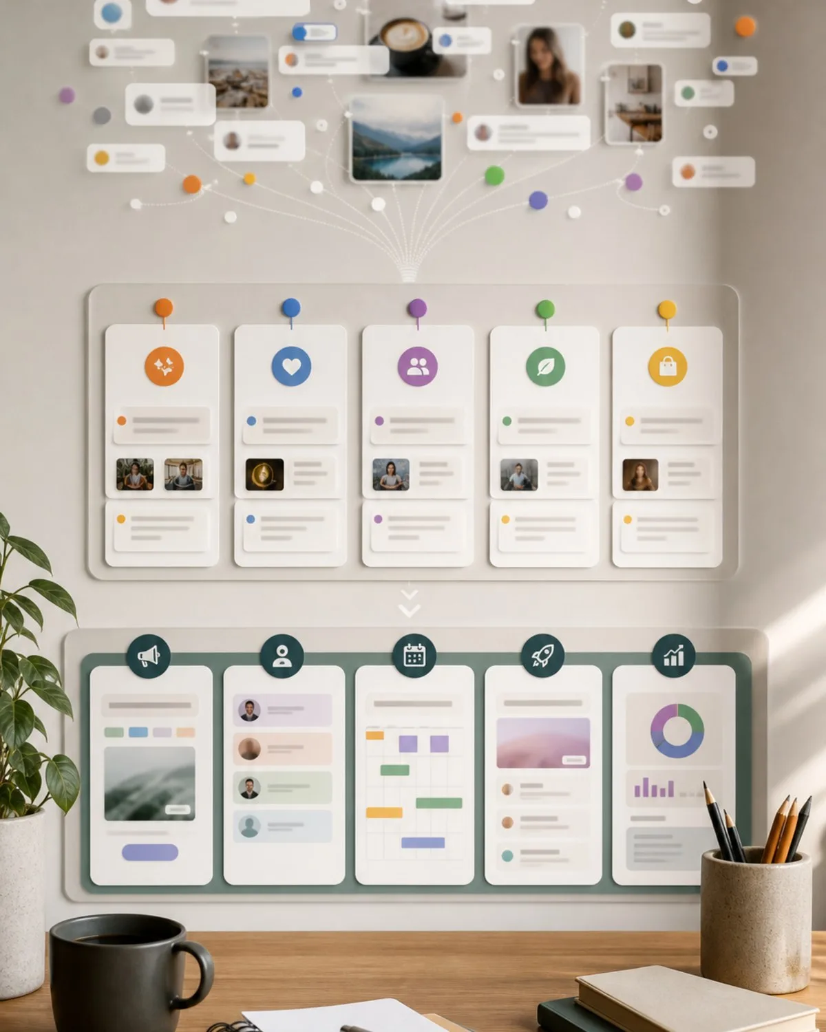 Editorial workspace showing abstract conversation signals being sorted into marketing action lanes