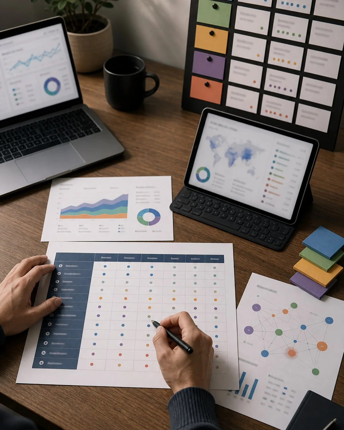 Shortlist review with a calm audit desk, rubric cards, and abstract monitoring screens