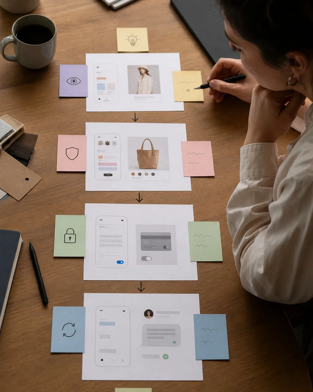 Editorial journey map showing discovery cues, product proof, checkout confidence, and follow-up planning on one workspace