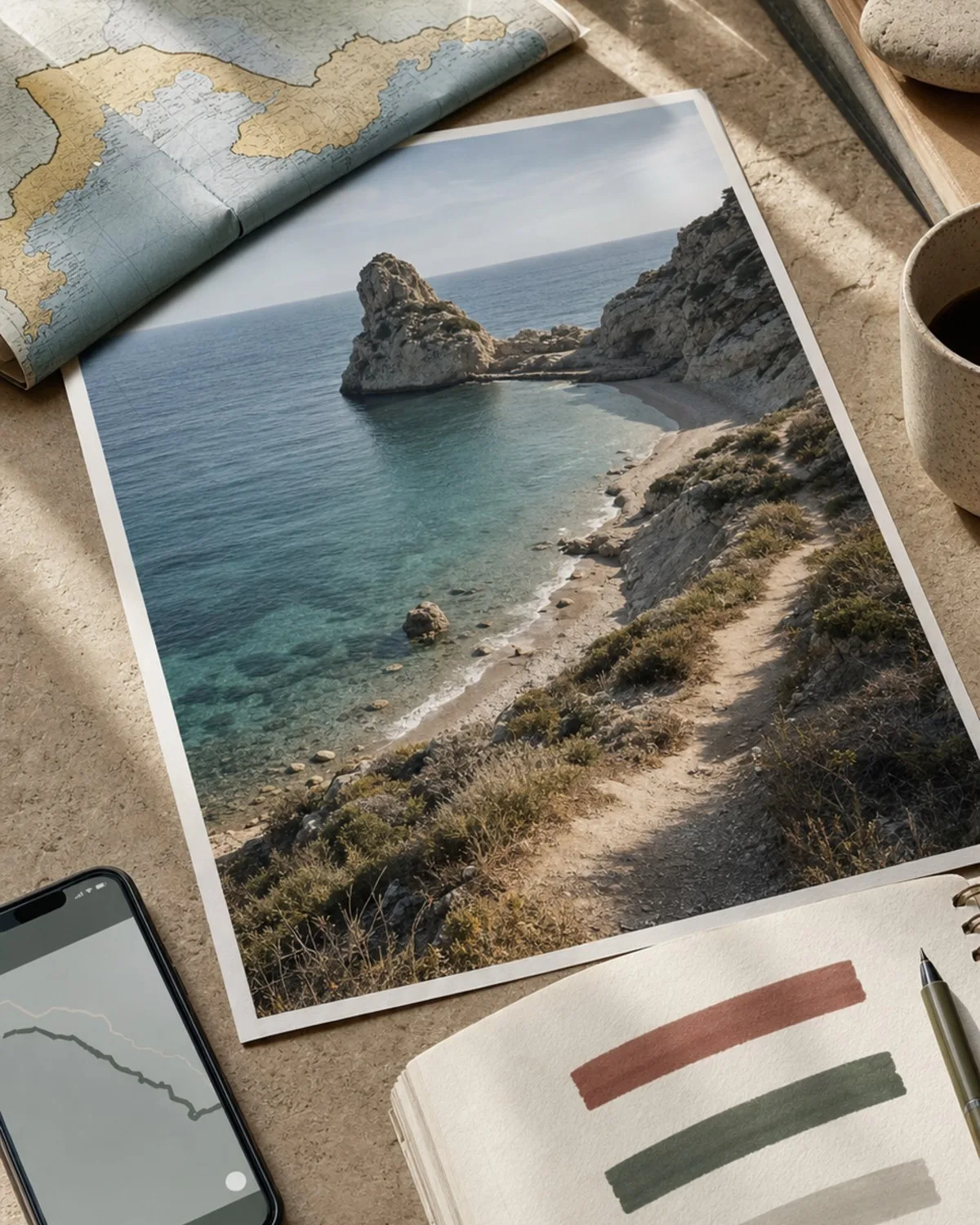 Quiet coastal viewpoint with a travel creator deciding between exact, broad, and no location tags