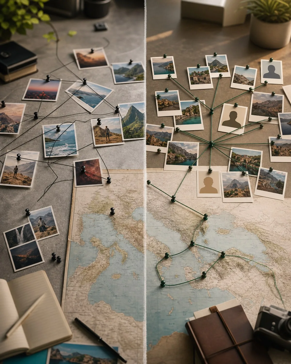 Split editorial scene contrasting scattered travel signals with a coherent recurring route cluster