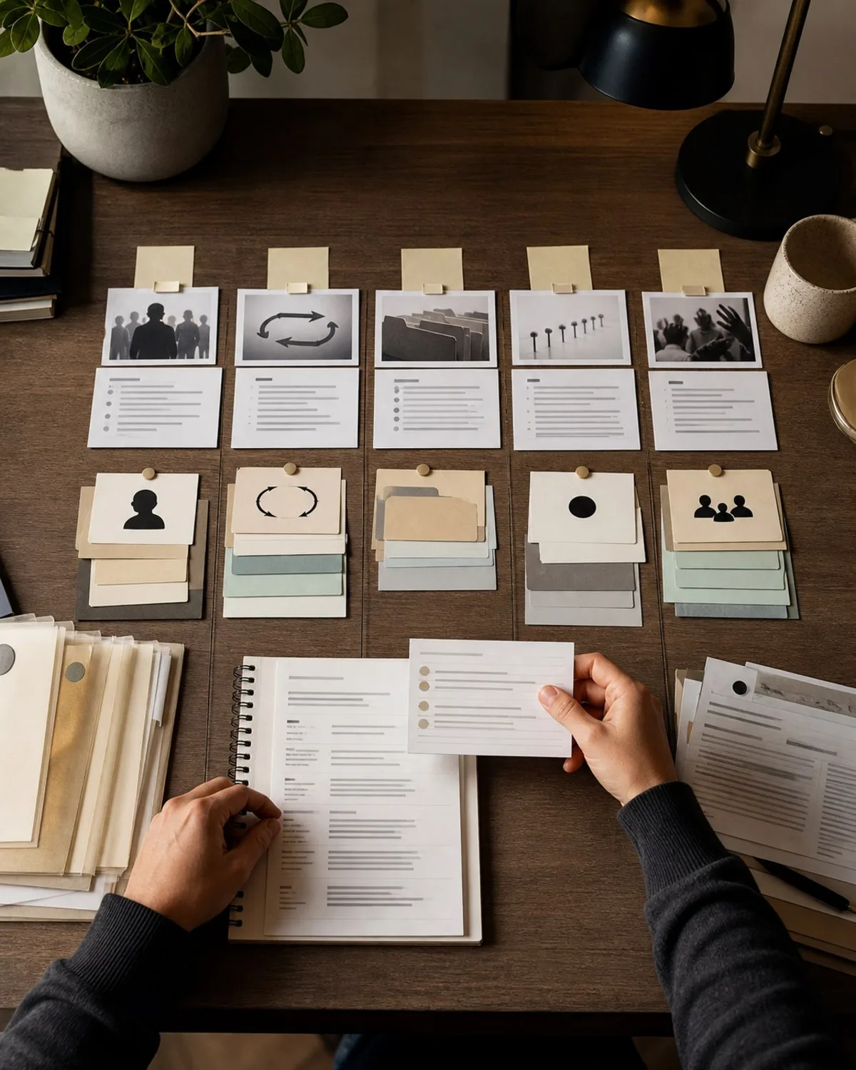 Editorial workspace showing five evidence clusters for identity, reciprocity, memory, governance, and newcomer guidance