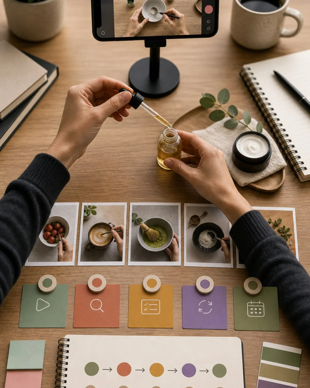 A no-face TikTok workflow scene with a phone, hands-only demo, product close-up, and planning cards