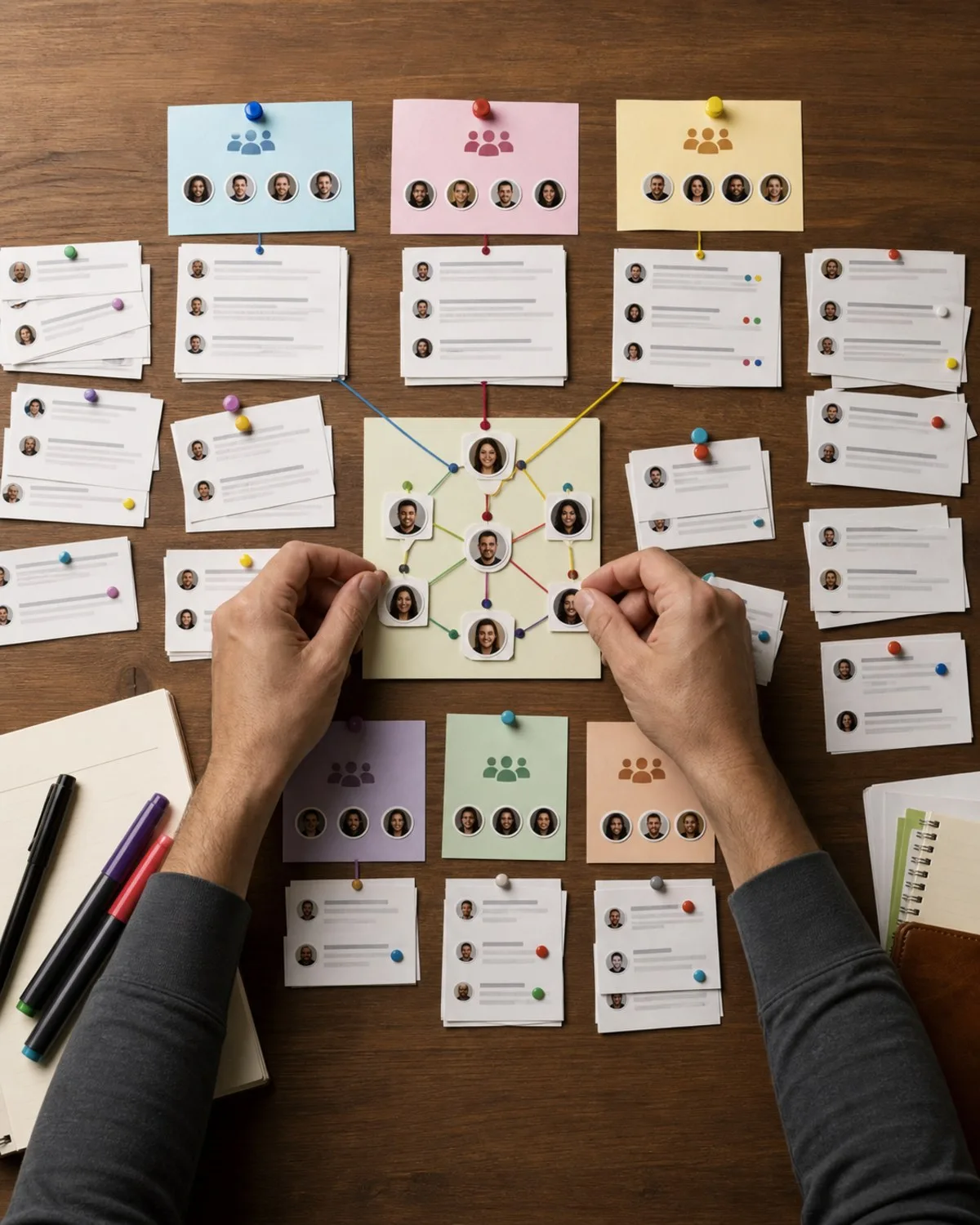 Hands sorting repeat contributor markers and thread notes in a small-community engagement audit